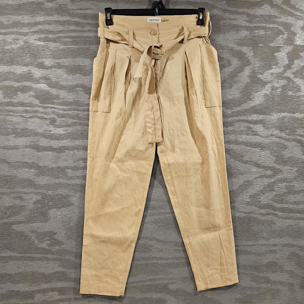 Calvin Klein SZ 4 Tan Belted Paperbag Pleated Linen Blend Pant Utility Pockets - Picture 2 of 12